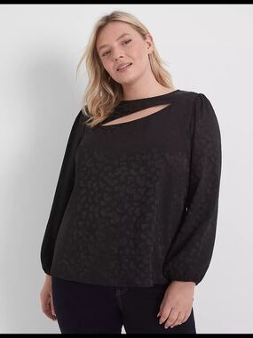 Lane Bryant Black Leopard Jacquard Long-Sleeve Top with Neck Cutout